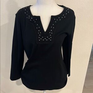 Karen Scott Black Knit Top NWT with Notched Neckline